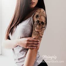 Skull And Rose With Lace Half Sleeve Tattoo Design Feminine Skull Tattoos Skull Rose Tattoos Half Sleeve Tattoos Designs