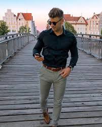Casual Black And Brown Outfits Simple Business Casual Combo Inspiration With A Black Button Up Shirt Sunglasses Watch Brown Leathe Black Button Up Shirt Brown Dress Shoes Mens Casual Outfits