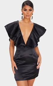 Black Satin Ruffle Detail Plunge Bodycon Dress In 2020 With Images Plunge Bodycon Dress Plunging Neckline Dress Dresses