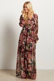 Burgundy Floral Print Chiffon Long Sleeve Maxi Dress Floral Maternity Dresses Chiffon Dress Long Simple Long Sleeve Dress