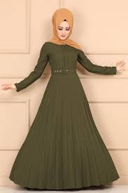 Modaselvim Elbise Piliseli Kemerli Elbise 2185ms212 Haki Model Pakaian Model Pakaian Muslim Gaun Prom Panjang