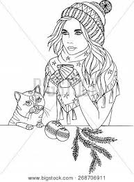 Painting of a cute kitty drinking a cup of coffee. Winter Zentangle Vector Photo Free Trial Bigstock