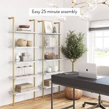 Nathan James Theo Industrial 5 Shelf Gold Ladder Bookcase With White Open Shelves And Brass Metal Frame Walmart Com In 2020 Wall Mounted Bookshelves Ladder Bookcase Shelves