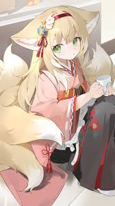 teketi, suzuran (arknights), suzuran (yukibare) (arknights), arknights,  absurdres, chinese commentary, commentary request, highres, 1girl, animal  ears, apron, black hakama, blonde hair, cup, flower, fox ears, fox girl,  fox tail, green eyes, hair