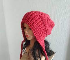Slouchy Ear Flap Hat Raspberry Slouchy Knitted Beanie Womens Etsy Womens Pink Hat Knitted Hats Ear Flap Hats