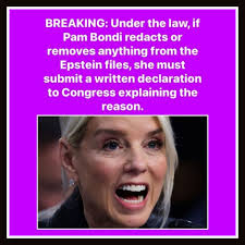 BREAKING: Under the law, if Pam Bondi redacts or removes anything from the  Epstein files, she must submit a written declaration to Congress explaining  the reason.