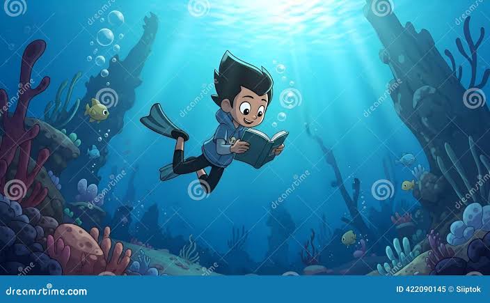 Underwater Reading Boy Scuba Diving and Reading a Book Stock Illustration - Illustration of person, adventure: 422090145