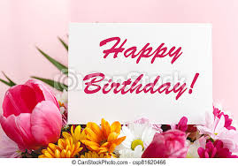 Birthday flower bouquet hd images for birthday flower. Happy Birthday Text On Card In Flower Bouquet On Pink Background Greeting Card In Tulips Daisies Chrysanthemum Beautiful Canstock