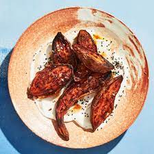 Charred Sweet Potatoes With Toum Recipe Bon Appetit In 2020 Sweet Potato Potatoes Garlic Sauce