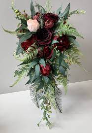Shoes are fabulous, the veil is in place. Burgundy Cascading Bouquet Cascading Wedding Bouquets Red Flower Bouquet Fall Wedding Bouquets