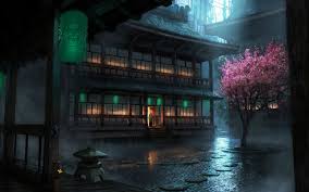 Cherry Blossom Chinese Architecture Chinese Night Dark Artwork Japan Anime Fantasy Art Anime Scenery City Wallpaper Anime Scenery Wallpaper