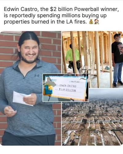 Edwin Castro, who won a $2 billion Powerball jackpot, is investing about  $10 million to rebuild his fire-ravaged hometown of Altadena. He has  purchased 15 properties and plans to build single-family homes