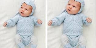 Hooded jumpsuit & hat cute colorwork baby jumpsuit and hat knitting pattern. Celestina Knitted Baby Onesie Free Knitting Pattern