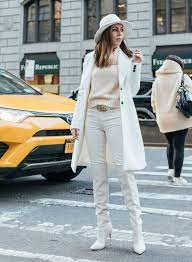 White Touches To Winter Whiteoutfits Winteroutfits Winteroutfitideas Beltbag Bumbag Womanfashion Fashi White Boots Outfit White Jeans White Jeans Winter