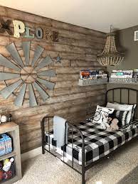 Farmhouse Style Kid S Room Wood Accent Wall Metal Bed Beddy S Gingham Bedding Beaded Chandelier Kids Bedroom Rustic Boy Room Accent Wall Rustic Boys Room
