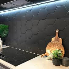 Love This Hexagon Splashback An Inexpensive And Simple Way To Add Visual Interest T Kitchen Backsplash Designs Creative Kitchen Backsplash Black Tiles Kitchen