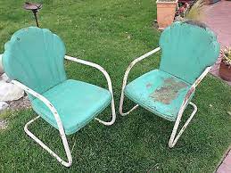 Pair Of Vintage Metal Shell Scallop Back Patio Calumet Chairs Painted Lawn Retro Metal Patio Chairs Outdoor Furniture Lawn Furniture