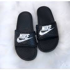 Black And Gold Nike Slides Nike Benassi Jdi Slides Flip Flops Customized With Swarovski Crystals 85 Liked On Polyvore Featuring S Black Evening Shoes Swarovski Nike Sparkly Sandals