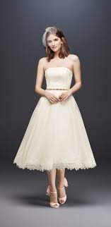 Dotted Tulle Tea Length Wedding Dress With Lace David S Bridal Tea Length Wedding Dress Wedding Dresses Strapless Wedding Dresses Photos