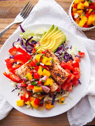 Salad place with fish taco salad. Fish Taco Salad With Spicy Mahi And Mango Salsa Recipe Registered Dietitian Columbia Sc Rachael Hartley Nutrition
