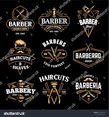 Black And Gold Barber Logo Barber Shop Retro Emblems In Art Deco Style Set Of Stylish Barber Logo Templates Gold Color Vector Art Isolated On Barber Shop Barbershop Design Barber Logo