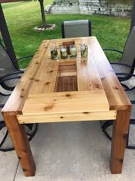 Cedar Patio Table With Hidden Drink Cooler Outdoorcedarfurniturepatiotables Diy Patio Table Diy Outdoor Table Diy Picnic Table