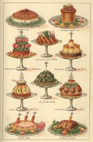 Coloured Illustrations Of Meat And Poultry Piled Onto Elaborate Silver Serving Stands 1901 Food Art Cookery Books Food Illustrations