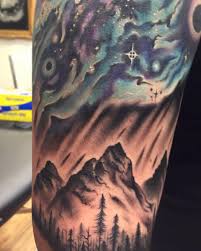 Nature Tattoo Northern Lights Galaxy Mountains Trees Color By Cody Brigan Nature Tattoos Nature Tattoo Sleeve Sleeve Tattoos