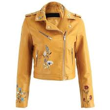 Floral Embroidered Leather Biker Jacket In Mustard 54 Liked On Polyvore Feat Leather Jacket Women Fashion Embroidered Leather Jacket Floral Leather Jacket
