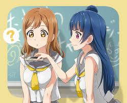chocokin, kunikida hanamaru, tsushima yoshiko, love live!, love live!  sunshine!!, commentary request, 10s, 2girls, ?, blue hair, blush, breasts,  brown eyes, brown hair, cellphone, hair bun, long hair, multiple girls,  open mouth,