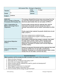 Energy In Organisms Unit Plan