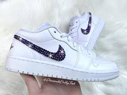 Swarovski Women S Nike Air Jordan 1 Low All White Sneakers Etsy Air Jordans All White Sneakers Women Shoes
