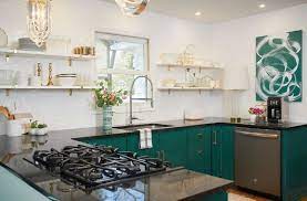 The new, oak cabinets are stained a shade called espresso black. White Kitchen With Black Countertops And Dark Green Cabinets Benjamin Moore Steamed Spina Green Kitchen Cabinets Black Kitchen Countertops Kitchen Renovation