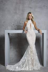 Stunning Embroidered Lace Backless Fit Flare Halter Wedding Dress Mermaid Bridal Gown High Neck Wedding Dress Ivory Lace Wedding Dress Wedding Dress Prices