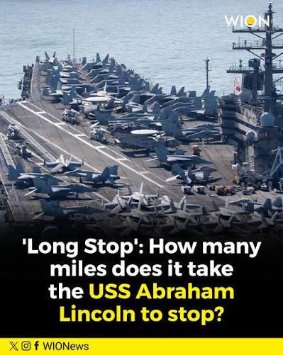 The 100,000-tonne USS Abraham Lincoln cannot stop instantly. From a top  speed of 30 knots, it takes approximately two miles (3.2 km) of 'crashing  back' the engines to halt. #wioncards #ussabrahamlincoln #30knots