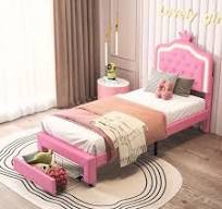 Lit de rangement rembourré en cuir Queen Size avec lampe LED et tête de lit  couronne, lit d'enfant