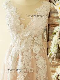 Boho Blush Wedding Dress With Ivory Lace 3d Flower Appliques Etsy Blush Wedding Dress Boho Wedding Dress Lace Wedding Dresses