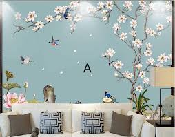 Birds And Flowers Wallpaper Birds And Flowers Wallpaper Wall Mural Floral Wall Art Wall Decal Blue Floral Wall Sticke In 2020 Wall Murals Wall Wallpaper Mural Wallpaper