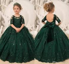 2019 New Dark Green Flower Girls Dresses Jewel Neck Half Sleeve Lace Appliques Sequins Ball Gown Toddler Kids Birthday Girls Pageant Gowns Girls Ball Gown Green Flower Girl Dresses Little Girl Gowns