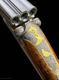 EXQUISITE KARL HAUPTMANN TRIPLE SxSxS 410 SIDE-LEVER W GOLD GAME SCENE  INLAYS - CASED - AS NEW for sale