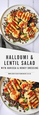 Halloumi Lentil Salad With Harissa Honey Dressing Recipes Healthy Recipes Lentil Salad