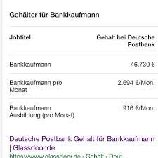 Das ist im vergleich zu vielen anderen ausbildungsberufen ein richtig guter wert, der in den kommenden jahren gesteigert wird. Postbank Gehalt Filiale Ausbildung Bank Lohn