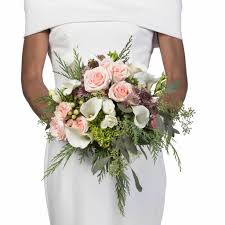 Roses and calla lilys with freesia shower bouquet. Light Pink Roses White Callas Evergreen Bridal Bouquet Blume Designed By Victoria Swarovski