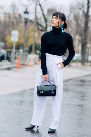Black And White Pants Outfit Black Turtleneck With White High Waisted Pants Fashion Black White Outfit White Outfits