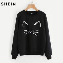 Shein Karikatur Kedi Baski Kazak Uzun Kollu Casual Kadin Kazaklar Kadinlar Icin Siyah Yuvarlak Boyun Sevimli Kaz Printed Sweatshirts Sweatshirts Women Pullover
