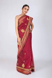 .banarasi silk saree blouse piece work : Lucknow Chikan Emporium Cotton Chanderi Maroon Color Saree With Blouse