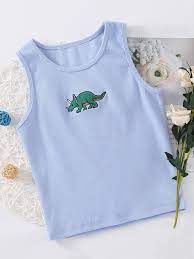 The fabric should be stretched during the embroidery process so it doesn't ripple or tear when worn but. Dinosaur Embroidery Rib Knit Tank Top In 2020 Knitted Tank Top Knit Tanks Tank Tops