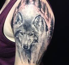 Black And Grey Realism Wolf Tattoo Realistic Portrait Style Wolf Tattoo Black And Grey Shade Animal Tattoo Wolf Head And Tree Half Sleeve Wolf Tattoos Animal Tattoo Head Tattoos