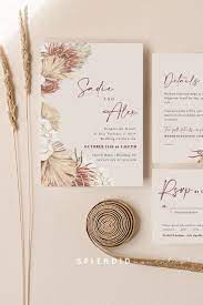 Bohemian Palms And Floral Wedding Invitation Set Template Dried Palm Leaf Wedding Boho Tropical Orchid Wedding Invitation Suite Sadie Wedding Invitations Floral Wedding Invitations Wedding Invitation Templates