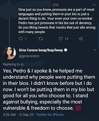 Gina carano's latest twitter and instagram drama has gotten her fired. Shitty Star Wars Posts On Twitter So Gina Carano Spoke To Pedro Pascal Who Explained Pronouns And Why People Have Them In Their Names And Gina Decided To Mock That She Really